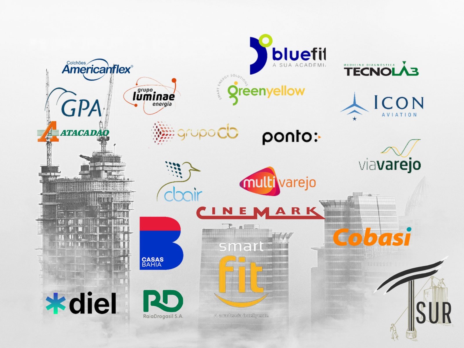 Principais clientes da TSUR Construções: GPA, Atacadão, Casas Bahia, Via Varejo, Multivarejo, Ponto, Cinemark, Raia Drogasil, Cobasi, Smart Fit, Bluefit, Americanflex, Tecnolab, Icon Aviation, CBAir, Grupo CB, Grupo Luminae, Greenyellow, Diel